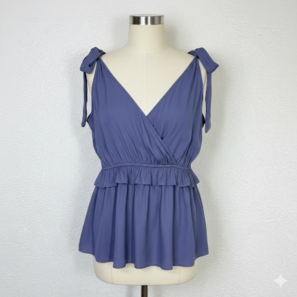 Mustard Seed Womens Medium‎ Blue V Neck Tie Shoulder Peplum Ruffle Top NWT